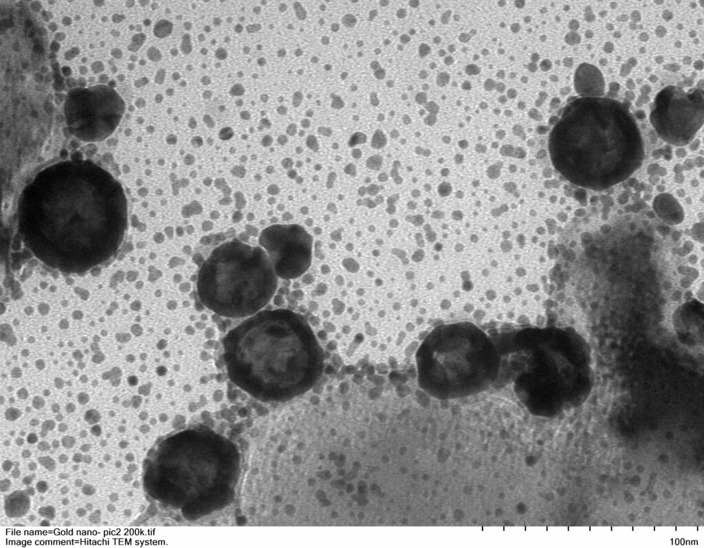 Gold Nano particles, 100 - 200 nm Magnification=200000 Gold Nano particles, 100 - 200 nm Magnification=200000